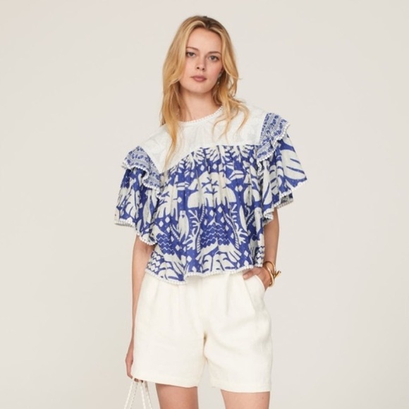 FARM RIO Navy Blue Jungle Scarf Lace Ruffle Sleeve Blouse - Picture 10 of 16